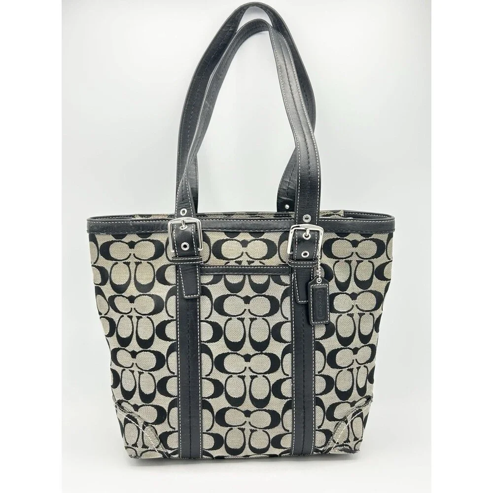 Vintage Coach Hampton Signature Canvas With Leather Trim Tote Bag Black And Tan